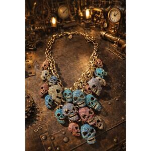Jane Stone Crystal Skull Necklace Multicolor Gold Tone Statement Gothic 19”  23”